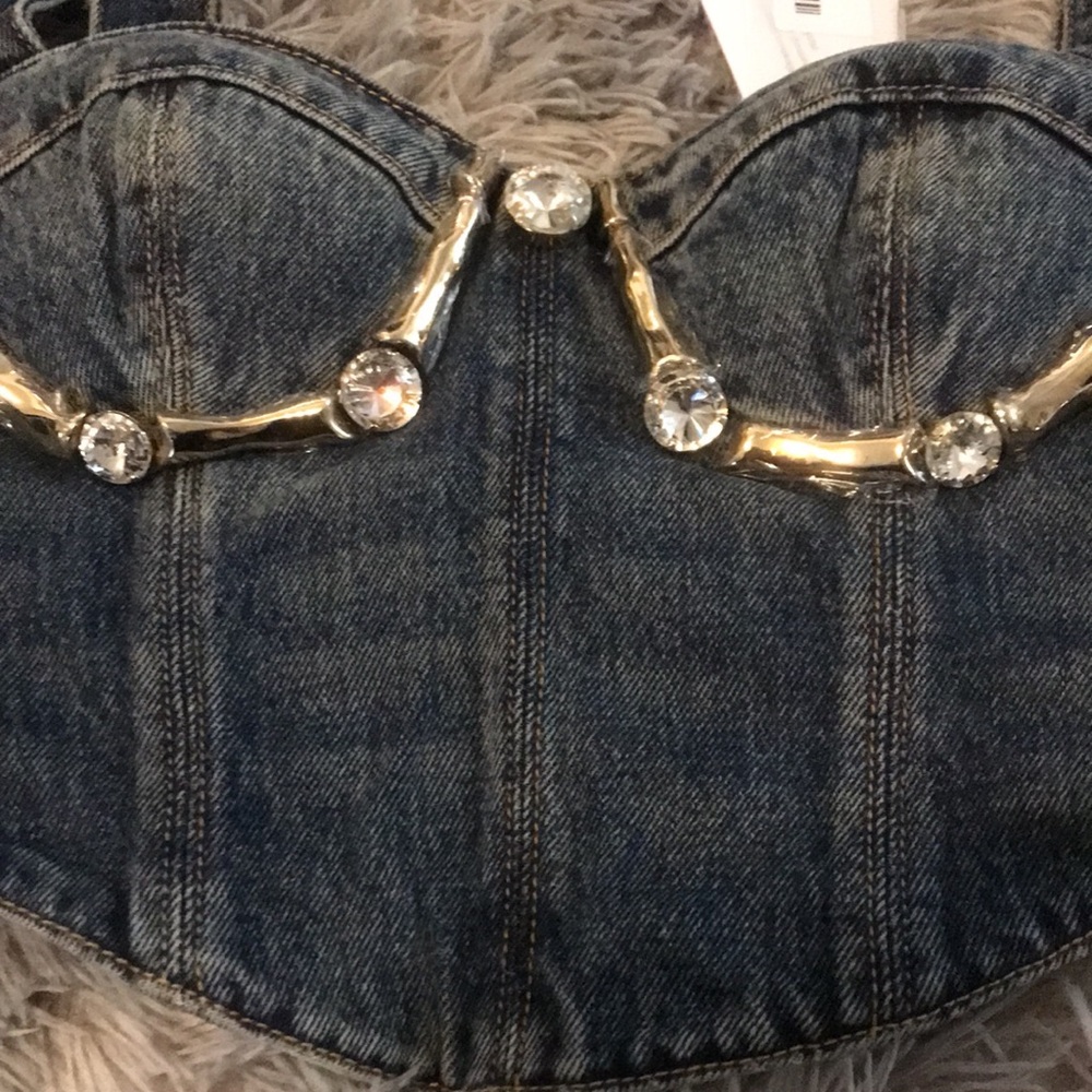 New Authentic AREA Denim Bustier Top with Gold Accents Size 2 - Picture 7 of 15